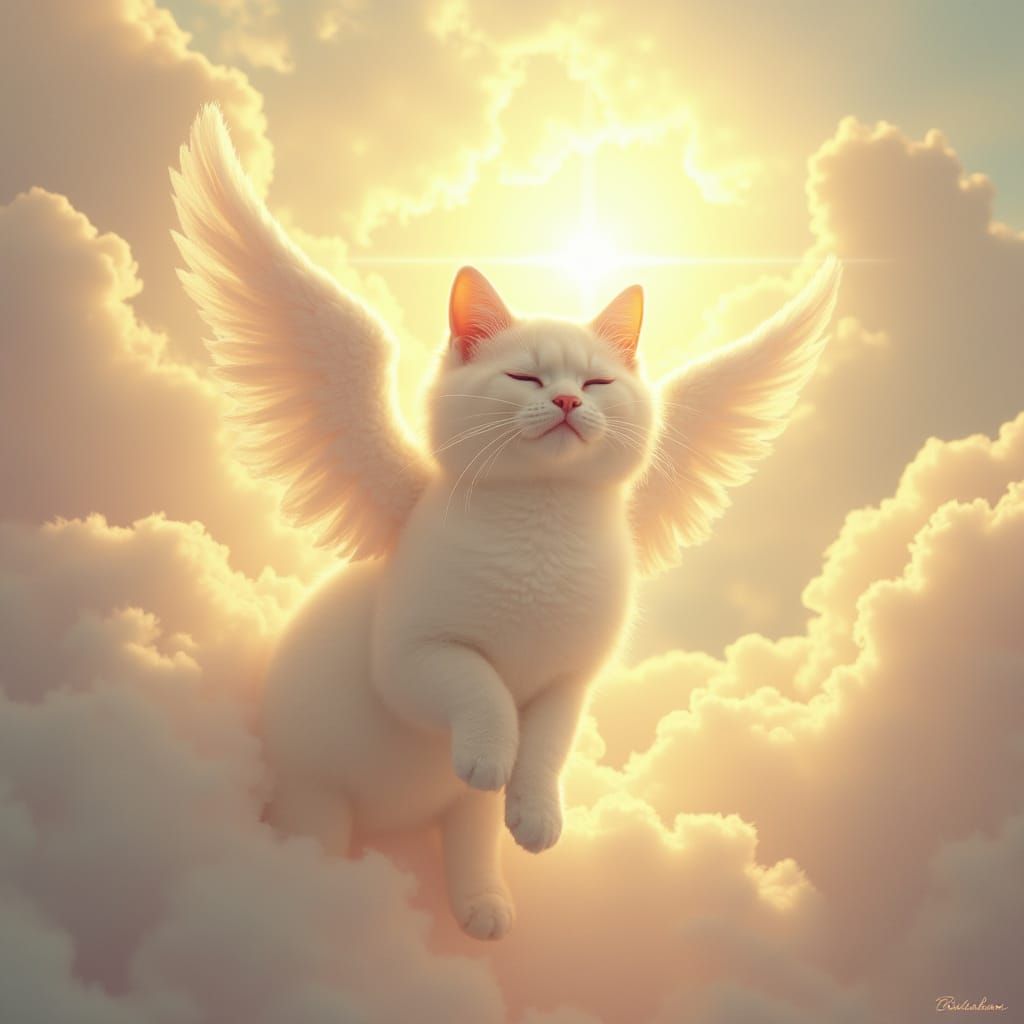 Fluffy Angel Cat Ascends to Celestial Cat Heaven