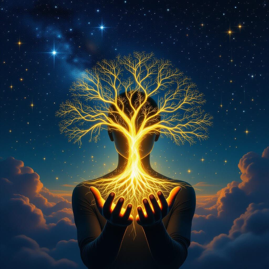 Mystical Human Silhouette with Luminous Inner Tree, Golden L...