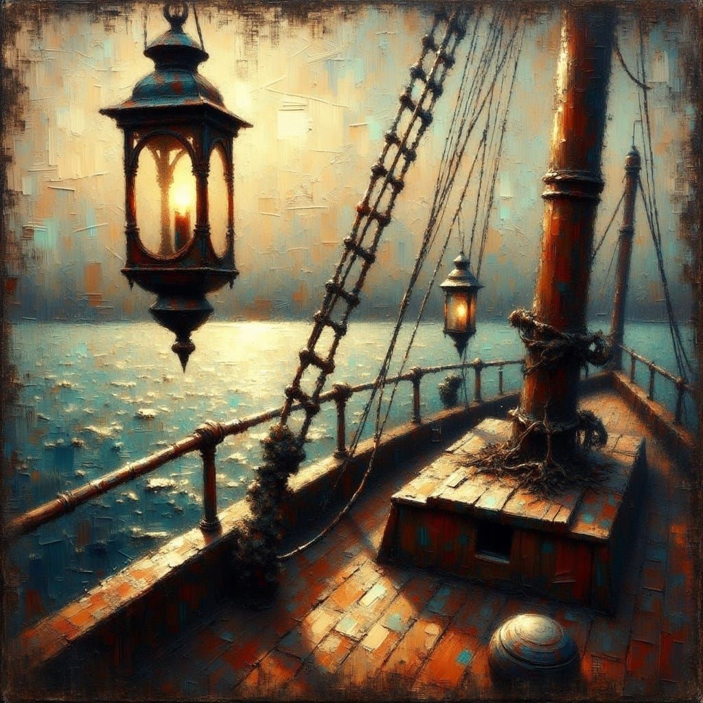Lantern Swinging on Ship Deck in Grungy Impasto Style
