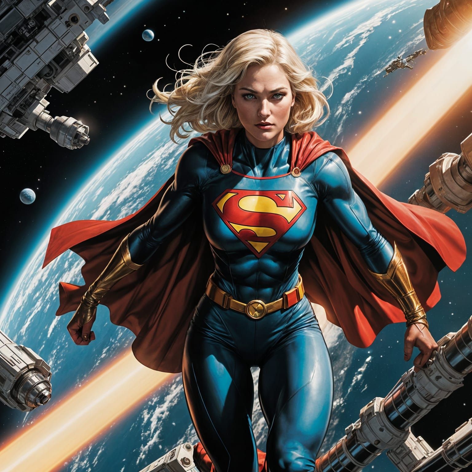 Superhero Supergirl Visits Space Station in Dynamic Comic Bo...