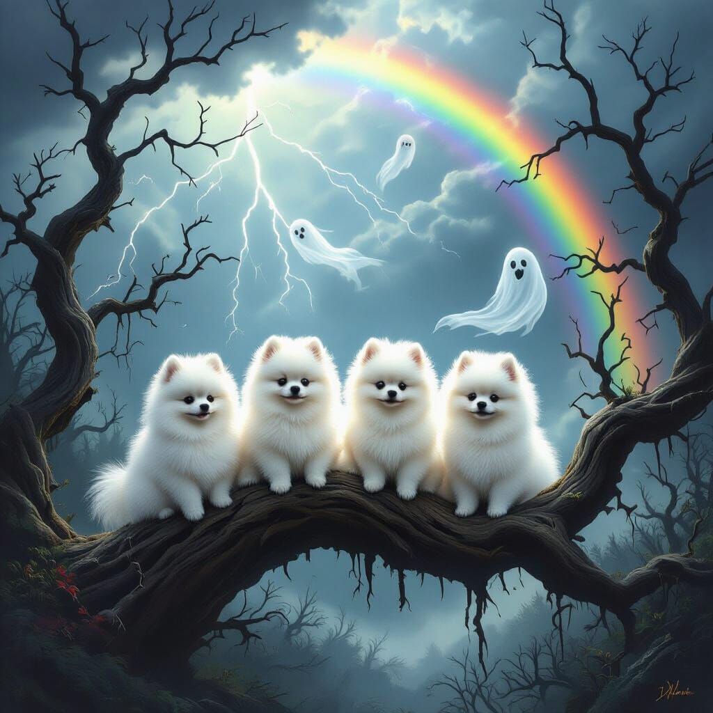 Pomeranians on Gnarled Branch During Lightning Storm with Ra...