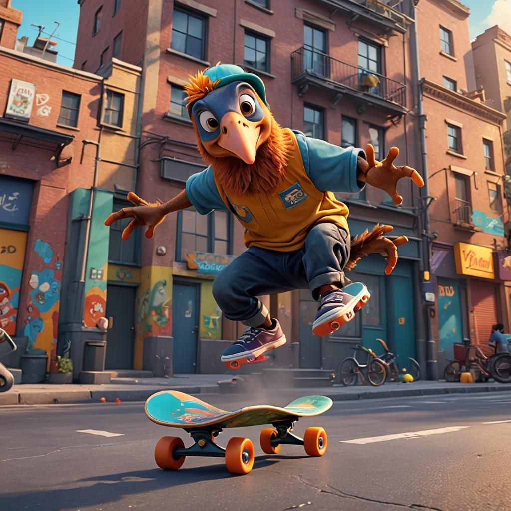 Dodo Bird Skateboarder Does Kickflip: 3D Digital Art