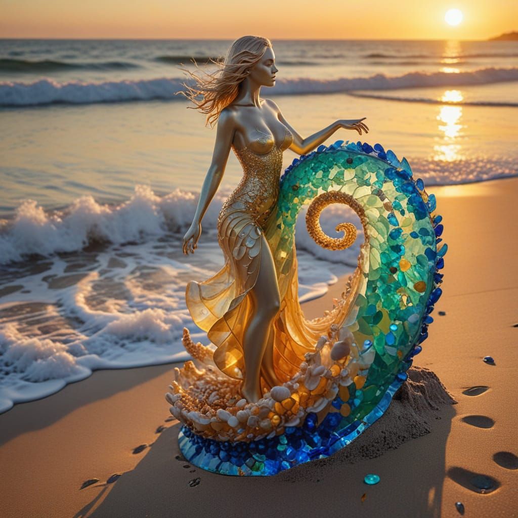 Sea Glass Sculpture Spiraling Skyward in Golden Twilight