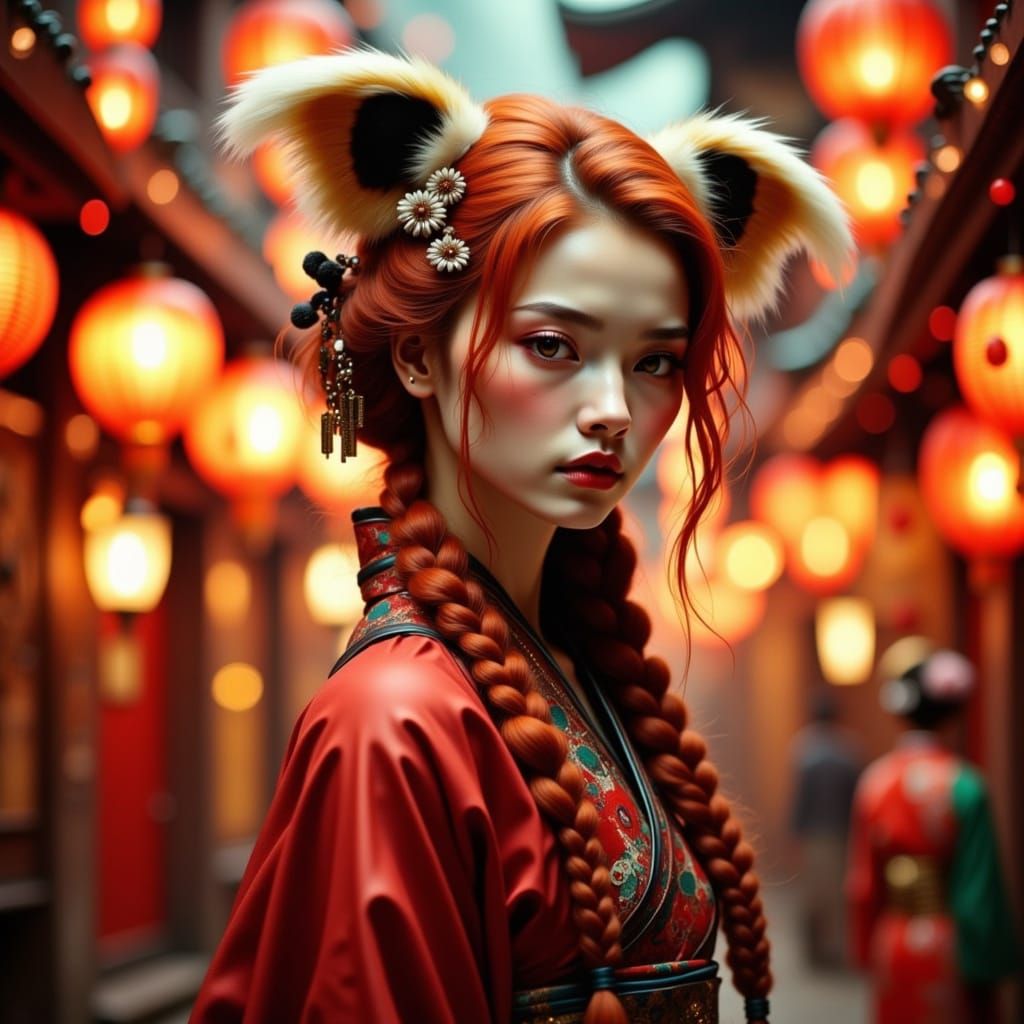 Red Panda Geisha in Vibrant Festival Attire
