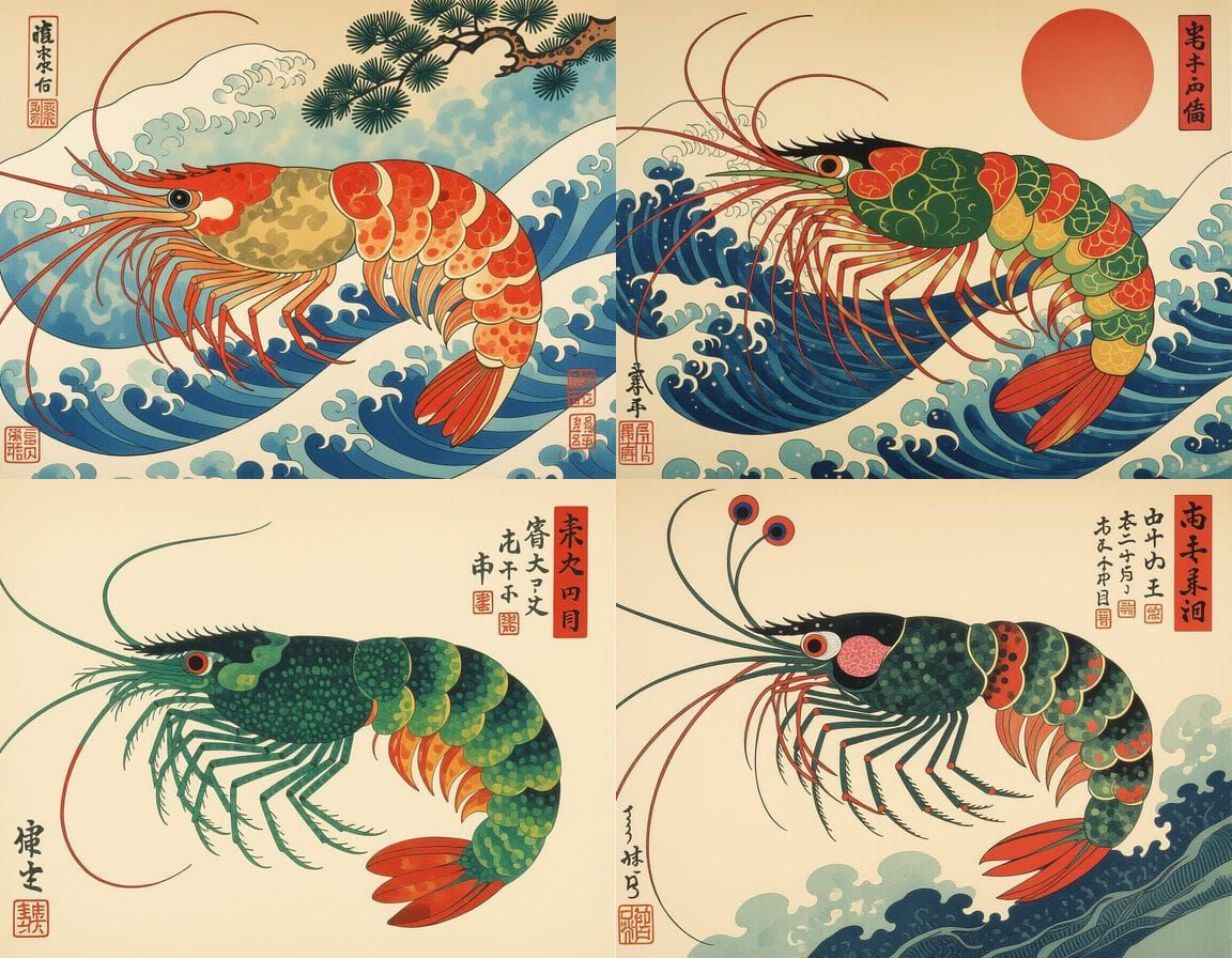 Mythical Peacock Prawn Homunculus in Ukiyo-e Style