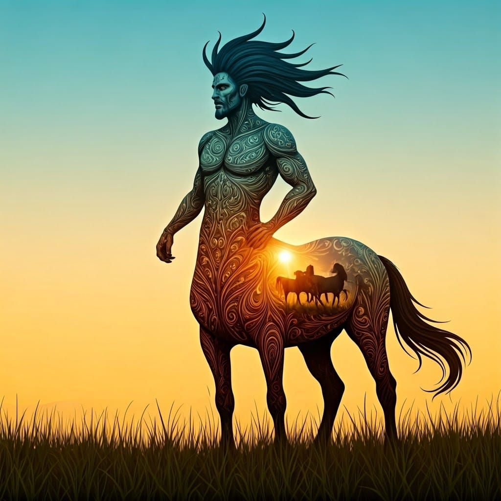 Centaur Silhouette Double Exposure with Running Horses