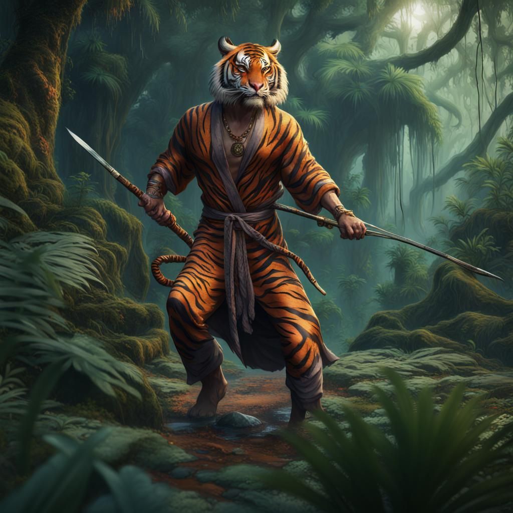 Tiger Man Hunting in Jungle: Detailed Matte Painting