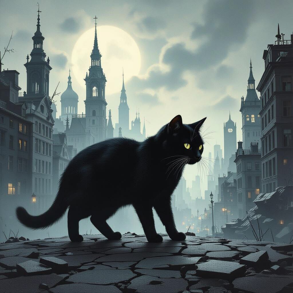 Black Cat in Surreal Cityscape, Photorealistic Style