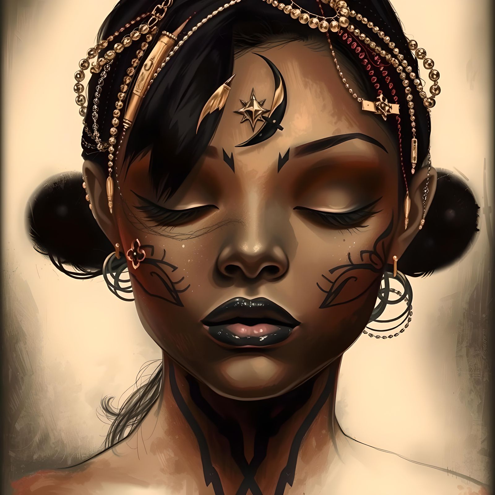 Hyperrealistic Sketch of Woman with Tribal Tattoos