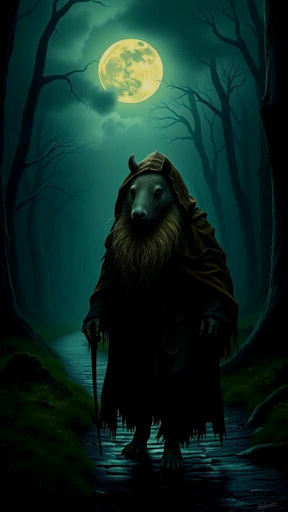 Ancient Aardvark Walks Alone Under Stormy Night Sky