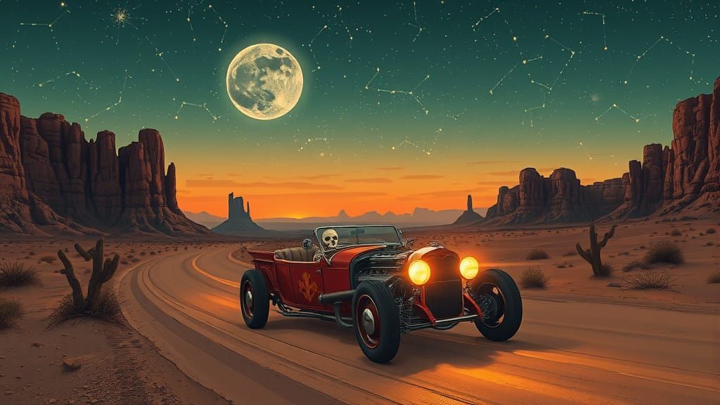 Skeleton Hot Rod Driver on Desert Highway