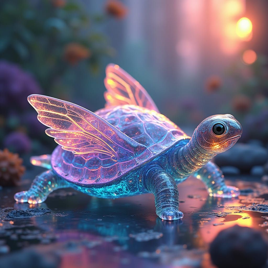 Iridescent Glass Turtle in Vibrant, Kaleidoscopic Landscape