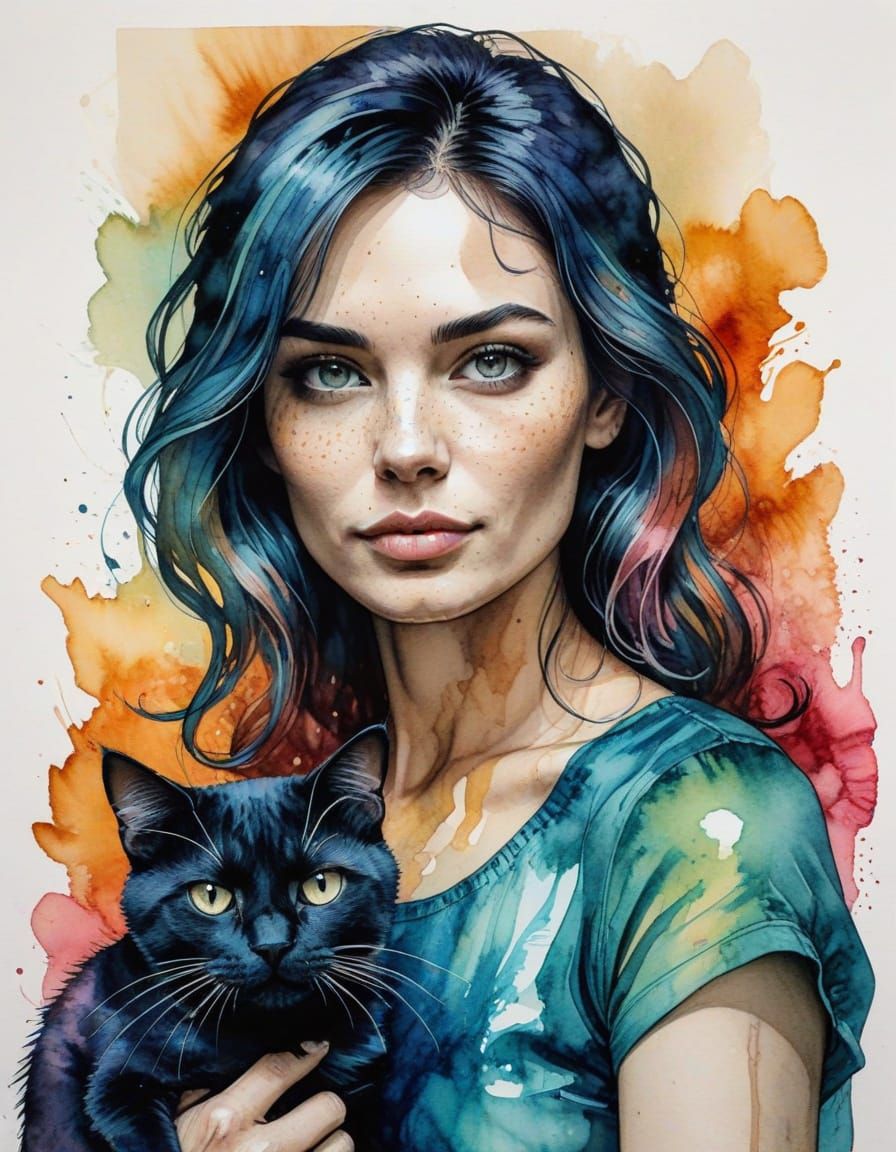Vibrant Portrait of a Woman with Cat in Alcohol Ink