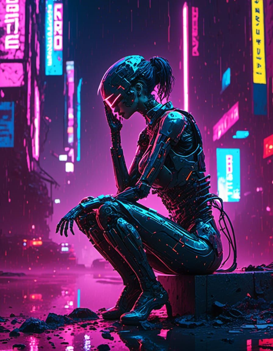 Cyborg Migraine in Cyberpunk Neon Glitch