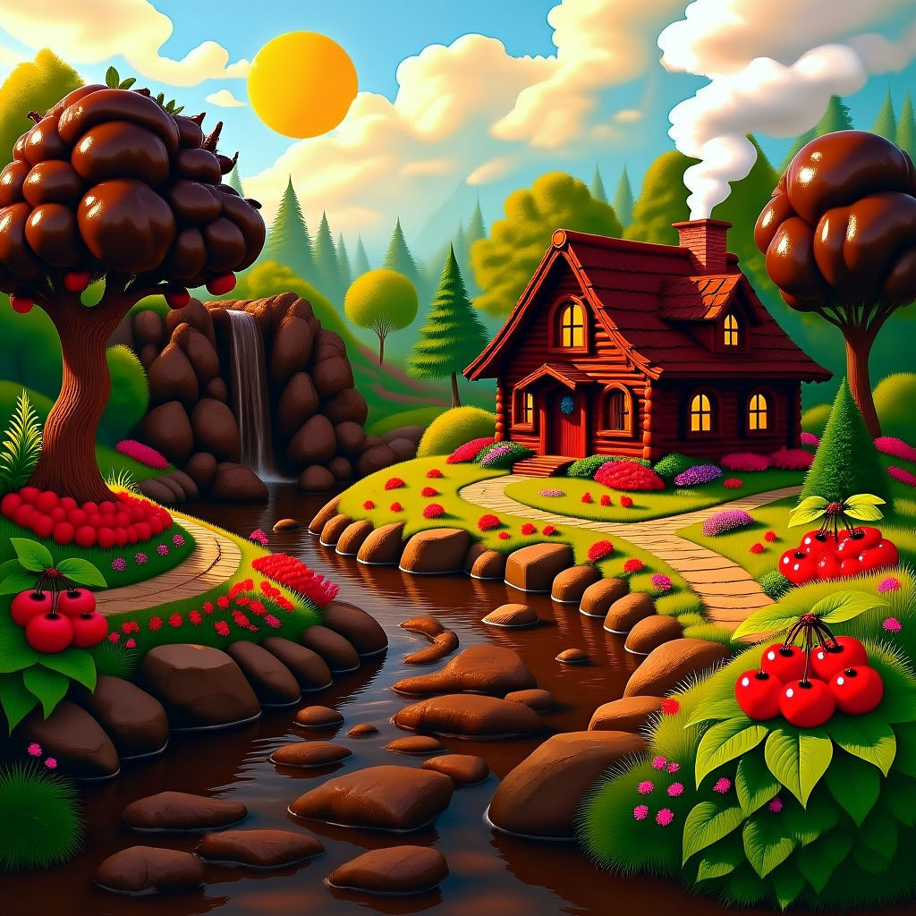 Chocolate Fantasy World with River and Cabin