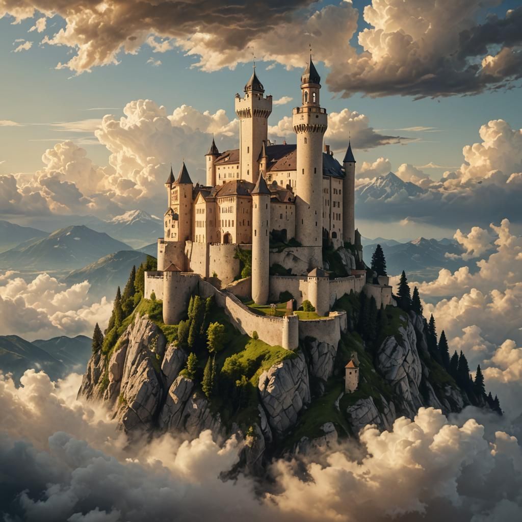 Photorealistic Castle with Alps in Golden Light