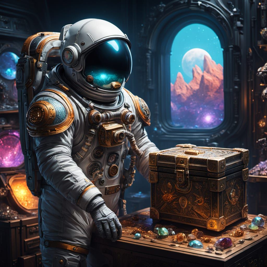 Astronaut with Alien Artifacts in Retro-Futuristic Style