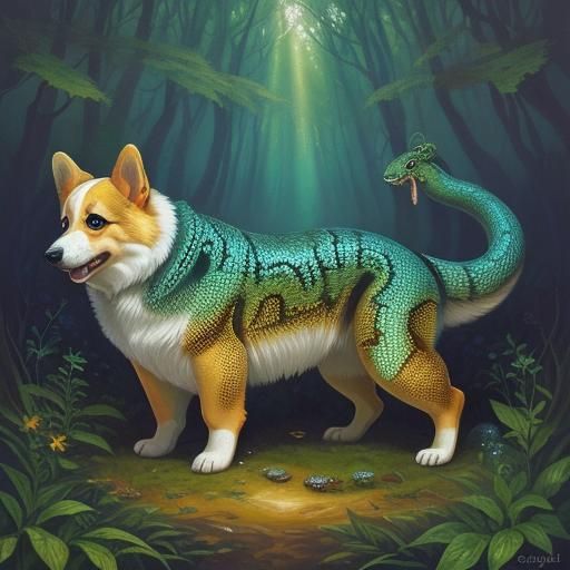 Corgi and Snake Entwined in Fantastical Forest