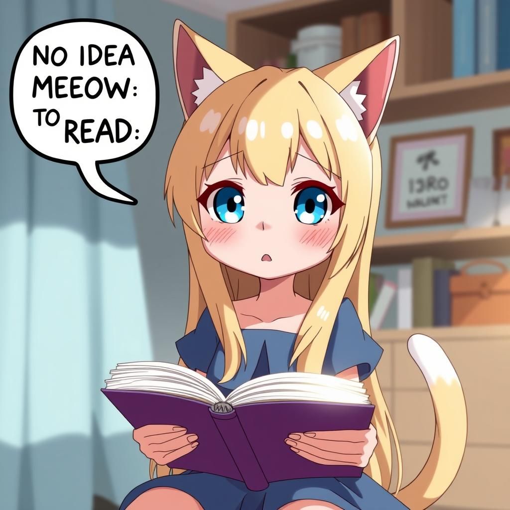 Adorable Anime Catgirl Reads a Book