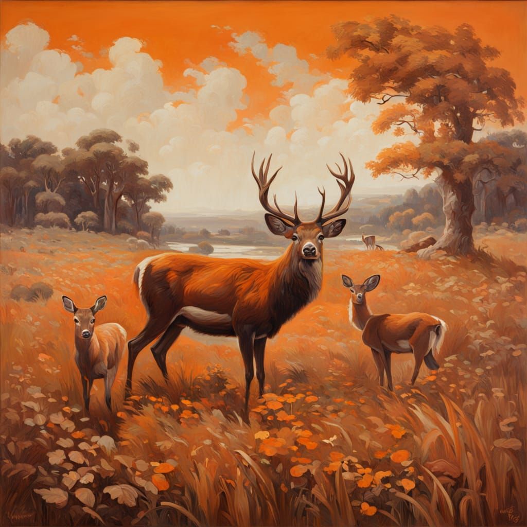 Warm Orange Landscape with Majestic Deer