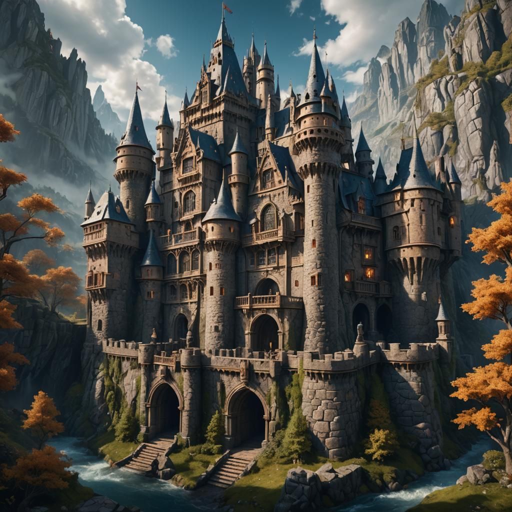 Magnificent Wolf Castle in Detailed Matte Painting Style