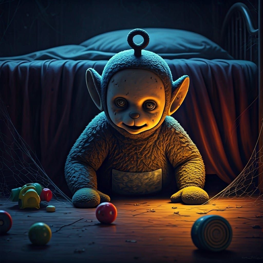 Sinister Teletubby Emerges from Shadows in Dark Fantasy Scen...