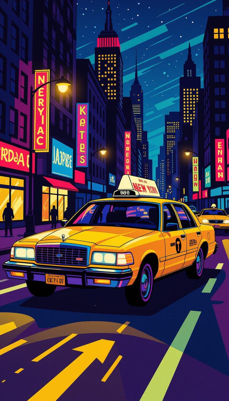 1980s NYC Taxi in Neon City Night Illustration