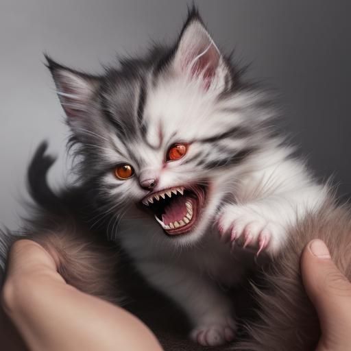 Sinister Fluffy Kitten with Sharp Teeth