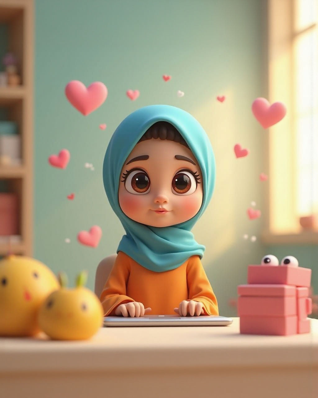 Cute 3D Mother with Laptop in Dreamy Pastel Scene