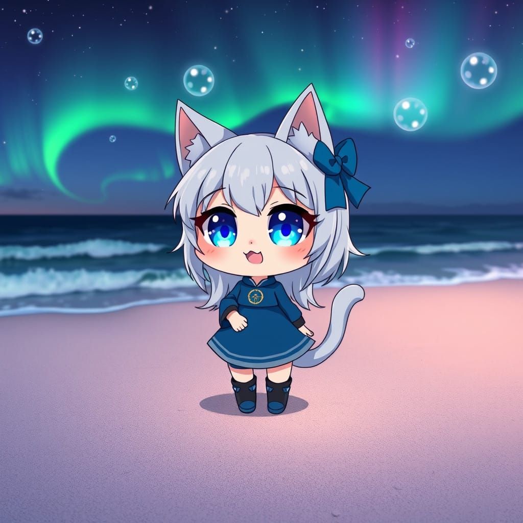 Surreal Anime Catgirl Stands on Beach at Night with Sparklin...