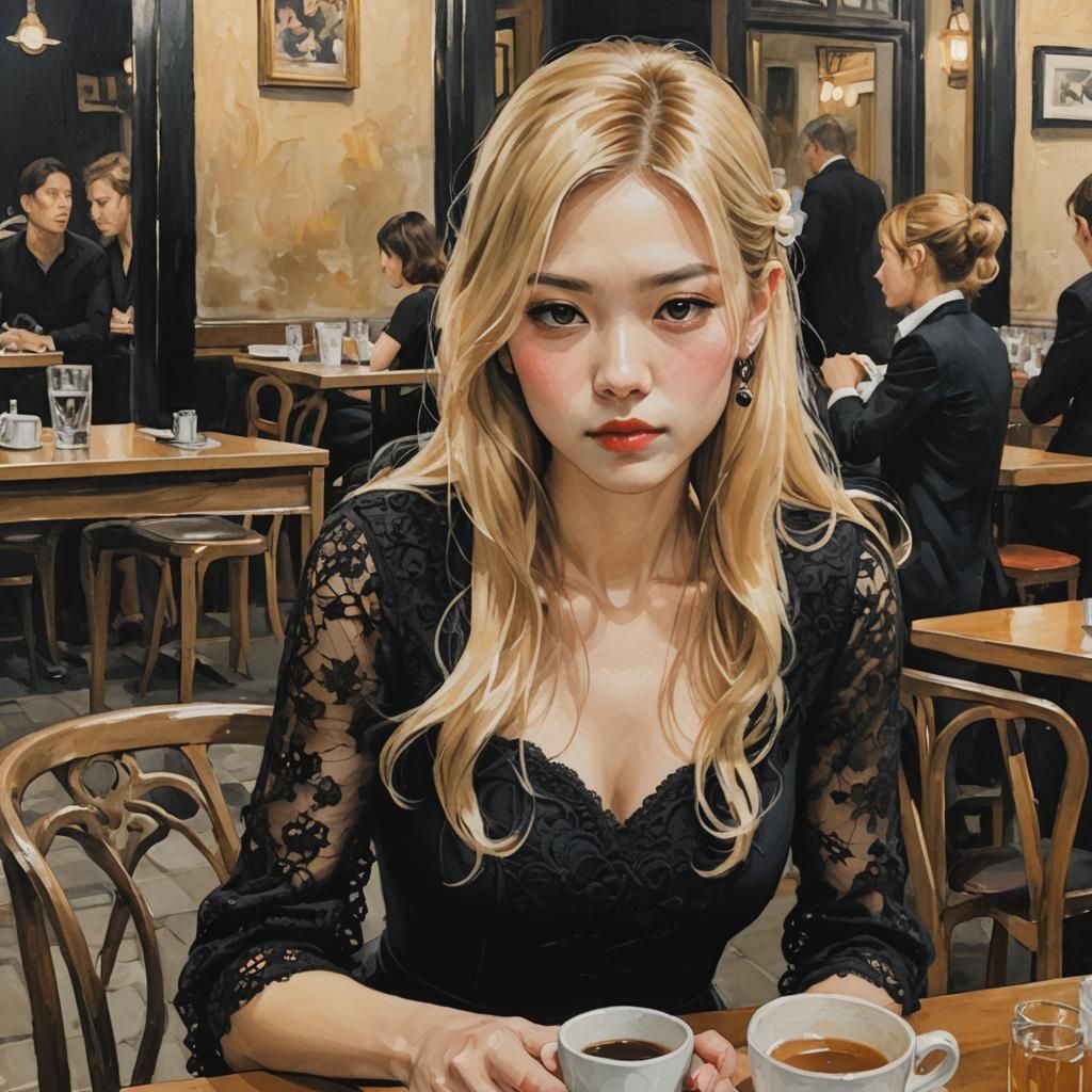 Blonde Girl in Cafe: Portrait in Classic Style