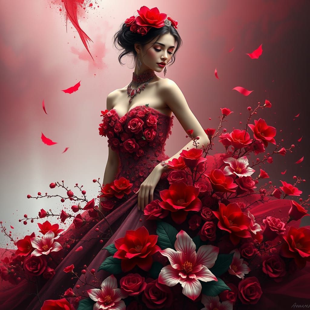 Elegant Lady in Flower Dress: Detailed Matte Painting