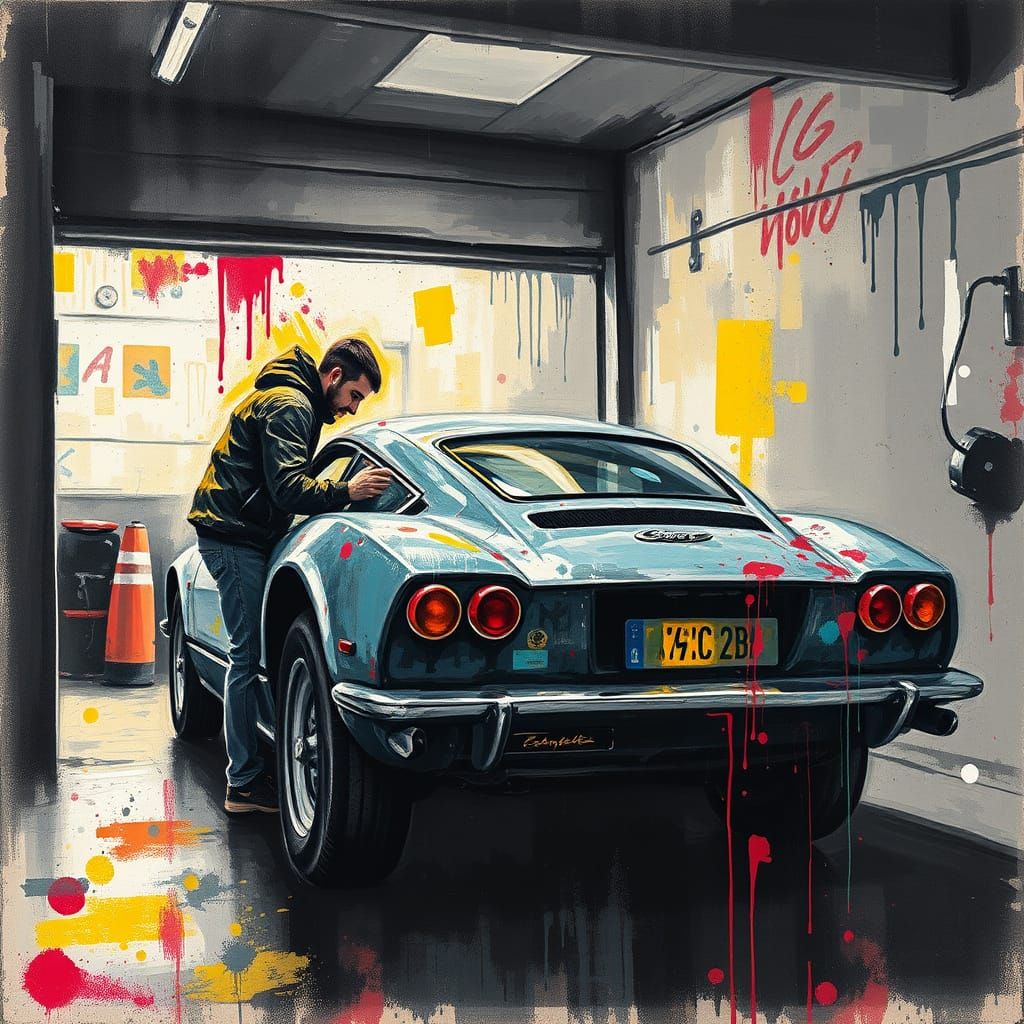 Mechanic Repairing Car: Neo-Impressionist Oil Painting