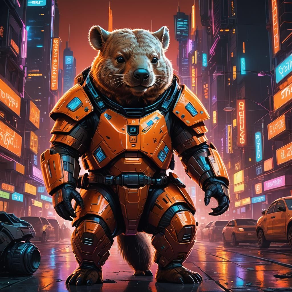 Wombat in Orange Armor in Cyberpunk Cityscape
