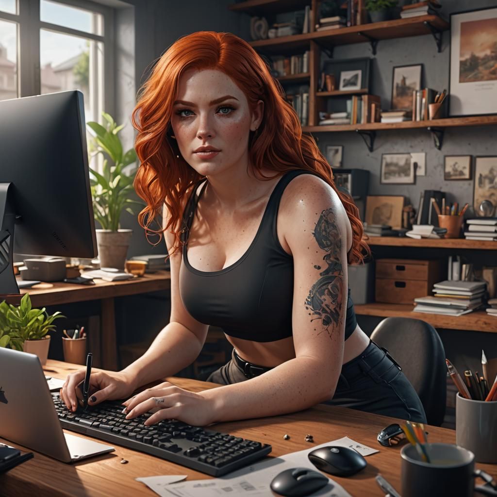 Redhead Woman Working at Home, Digital Art