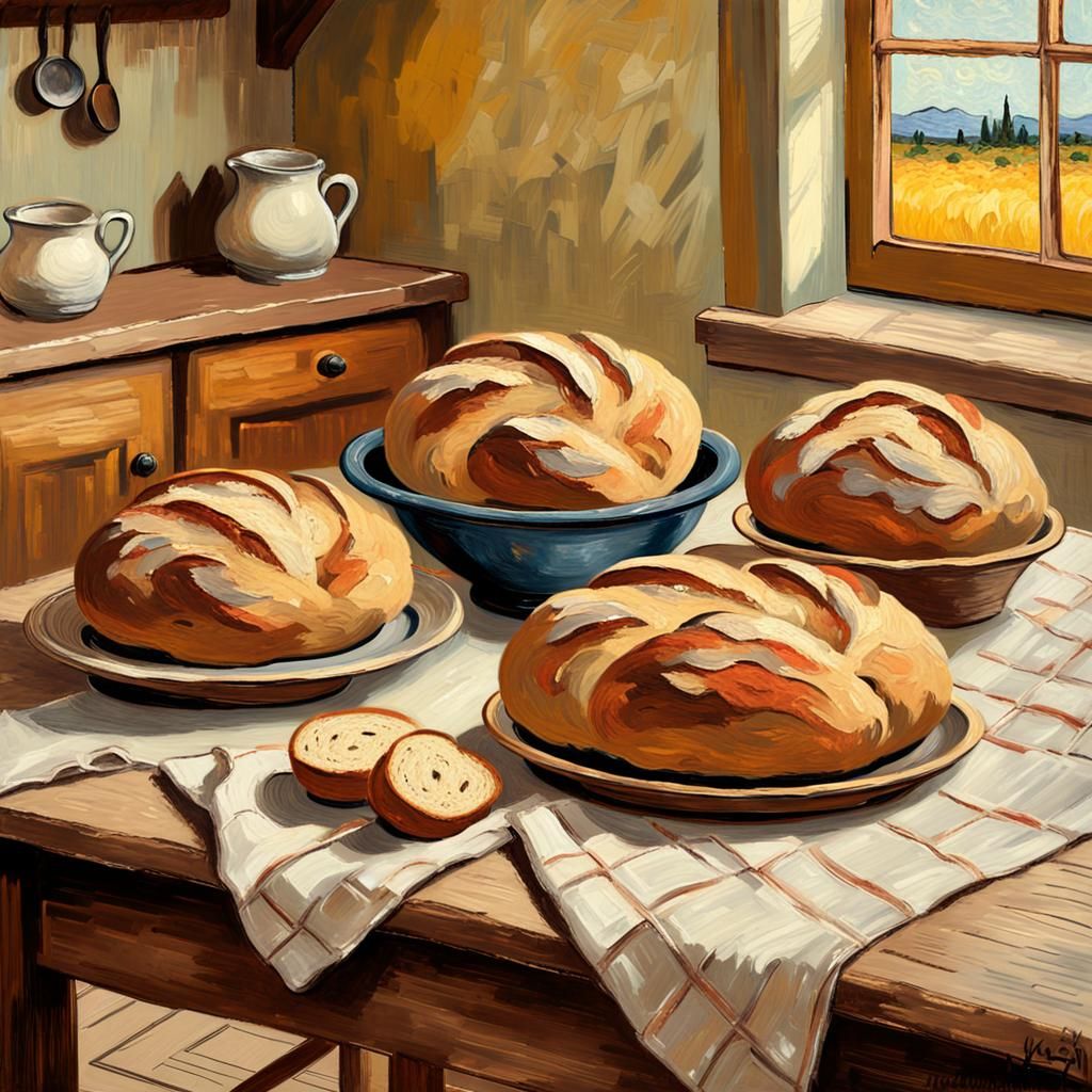 Sourdough Loaves on Rustic Table, Impasto Oil Painting