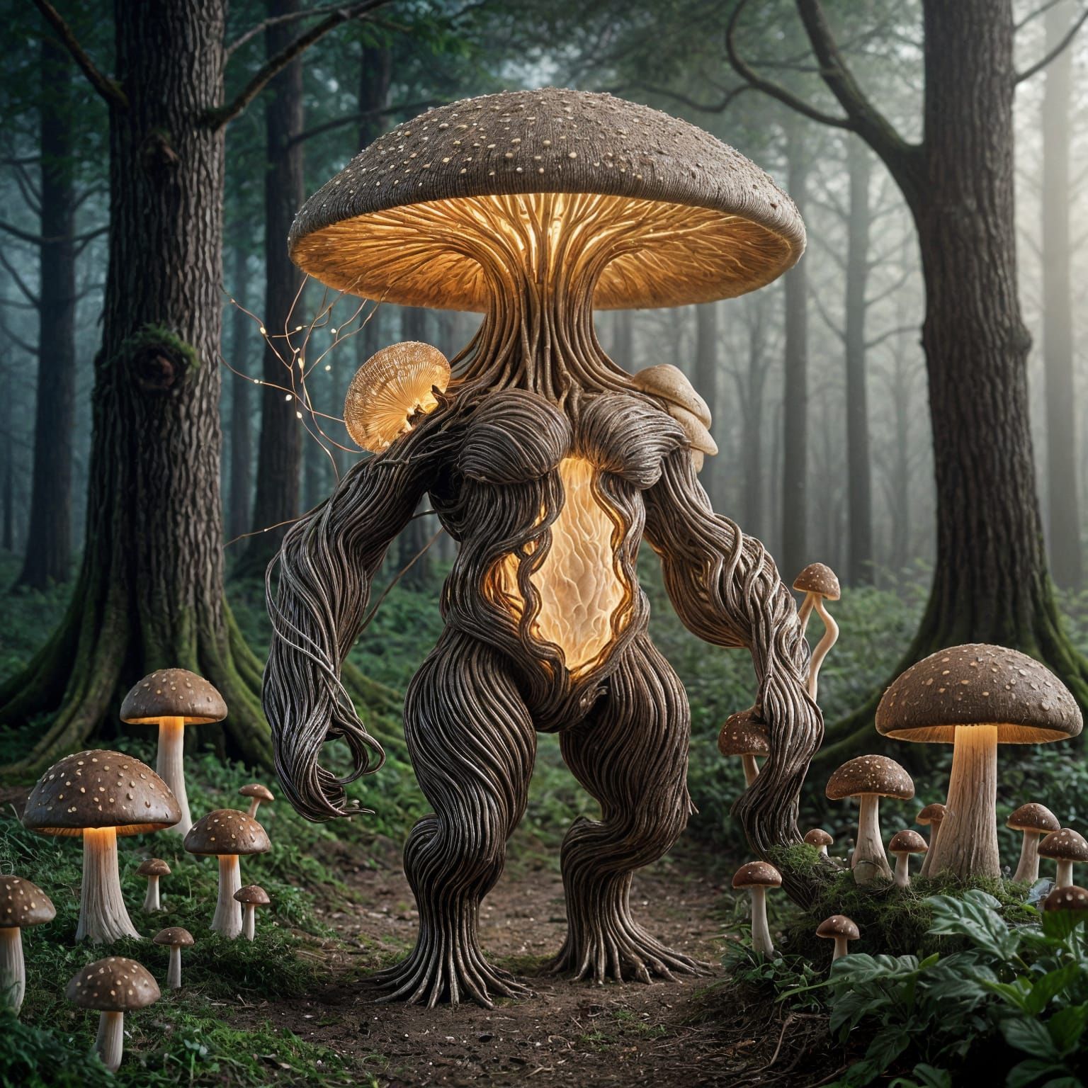 Biopunk Mushroom Creature in Misty Forest