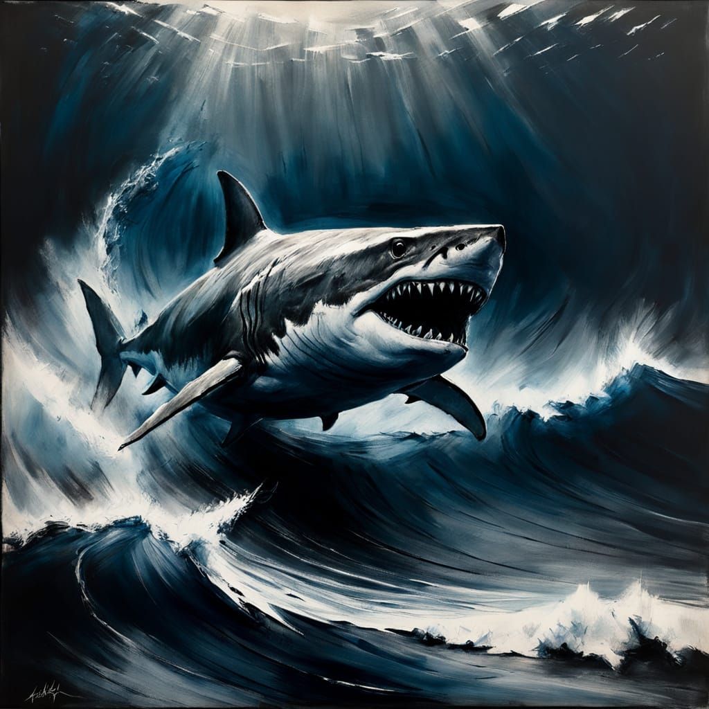 Expressive charcoal sketch. A large prehistoric shark swimmi...