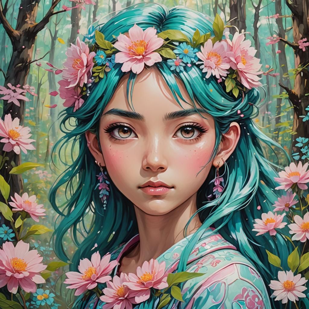 Mystical Manga Girl Portrait with Flowers in Impasto Style