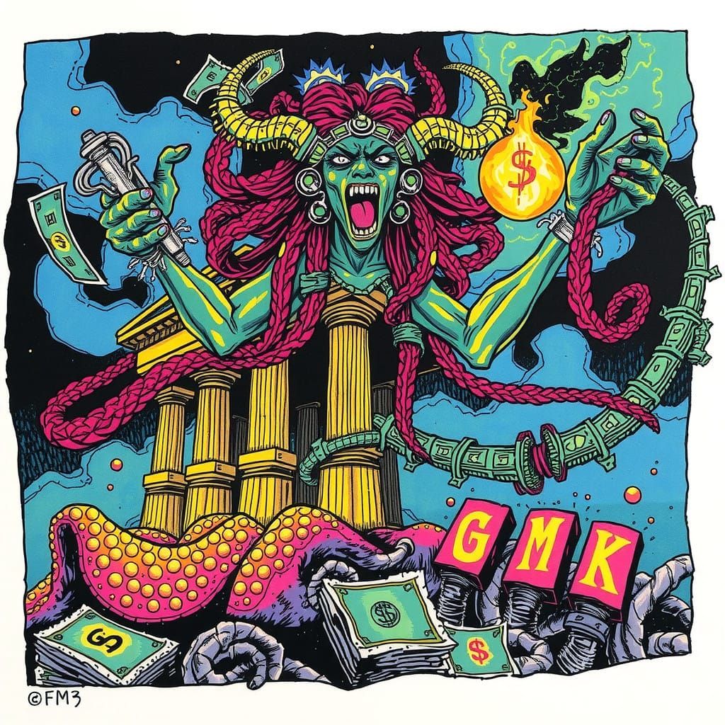 Striking Medusa claiming for money Greecian temple Stylized Vivid Alcohol ink Christopher Shy Stefano Tamiazzzo