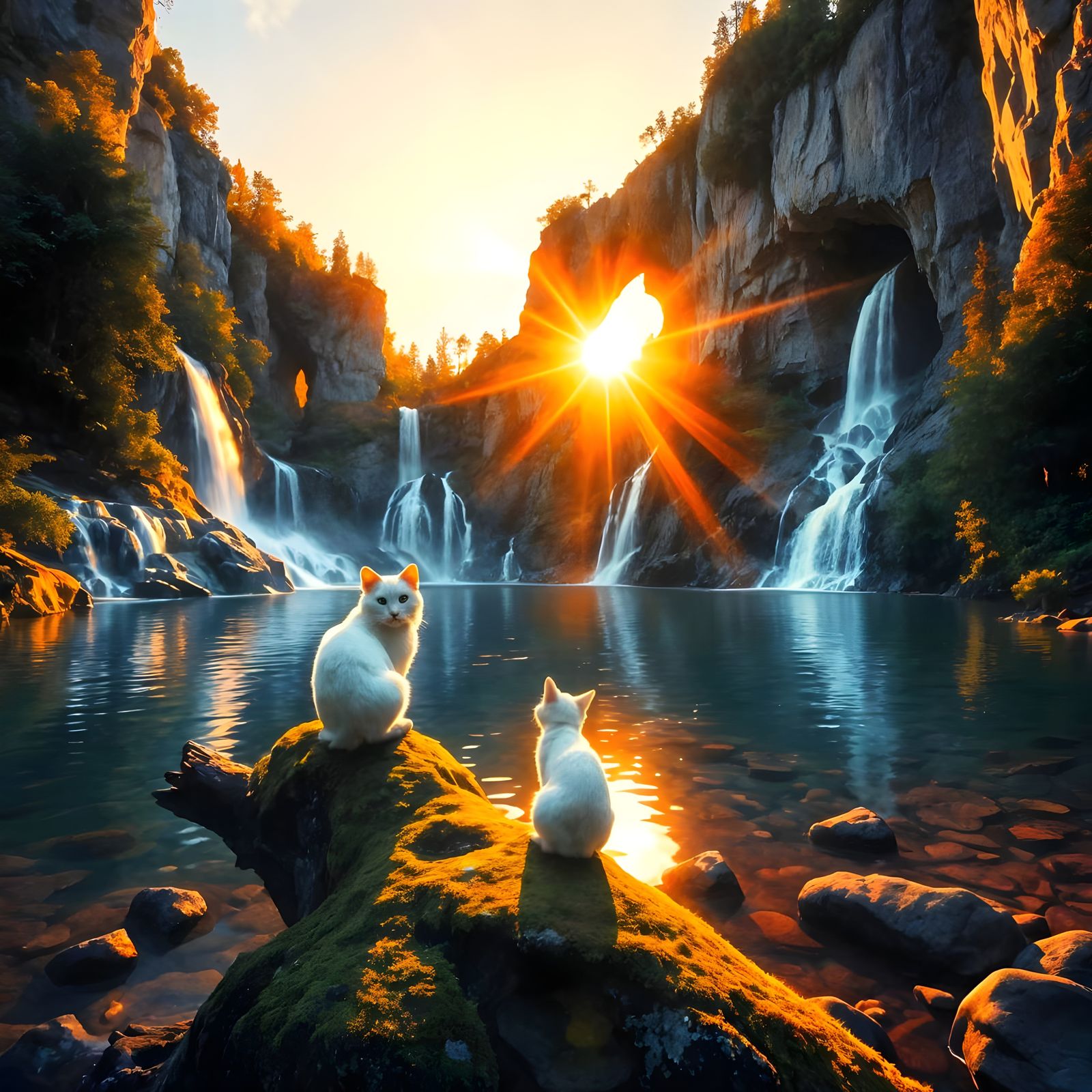 White Cat at Sunset Near Waterfalls