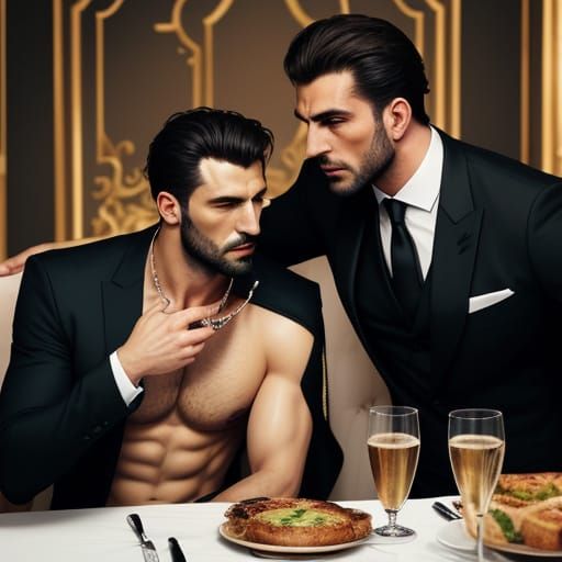 A handsome Italian mafioso feeding a gorgeous shirtless Italian man who wears a dog collar and sits near him.