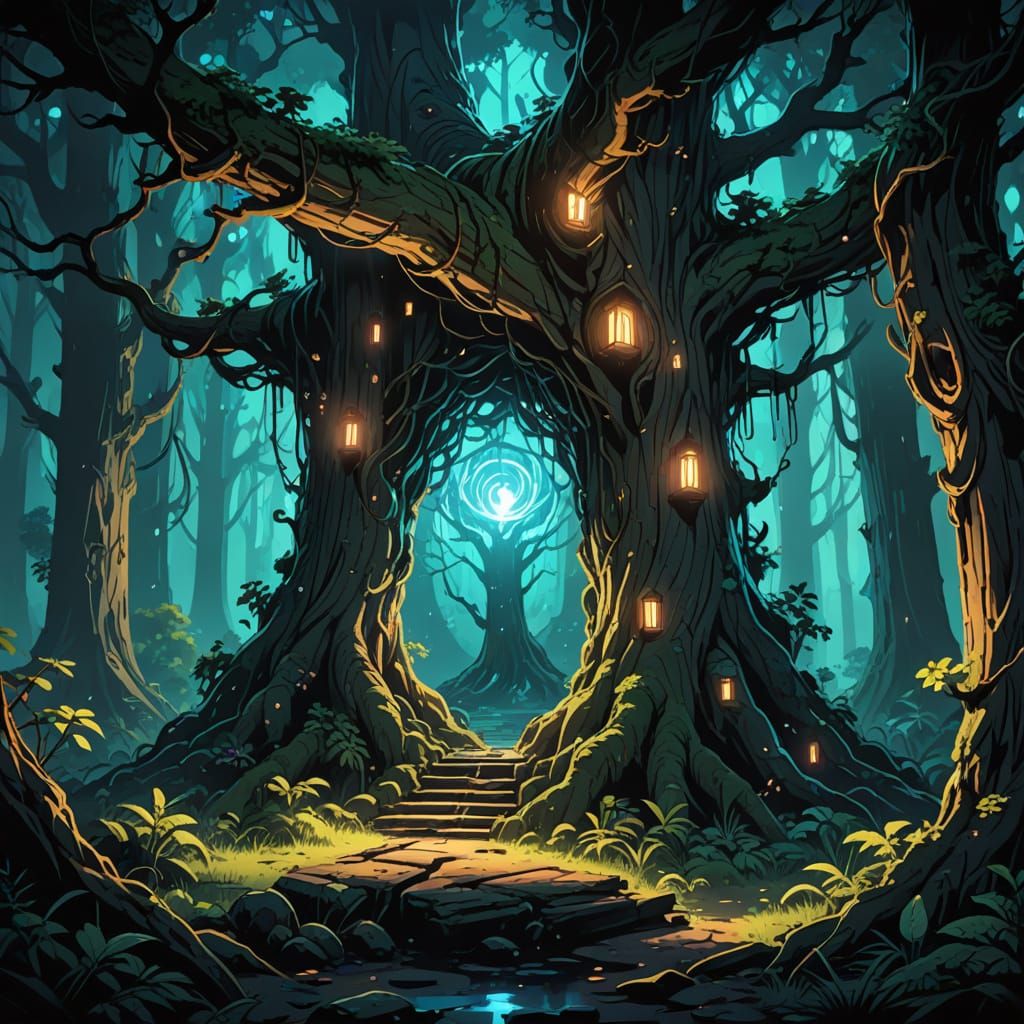 Digital painting. Medium shot. A glowing portal door is embedded in the trunk of an ancient tree in a bioluminescent for...