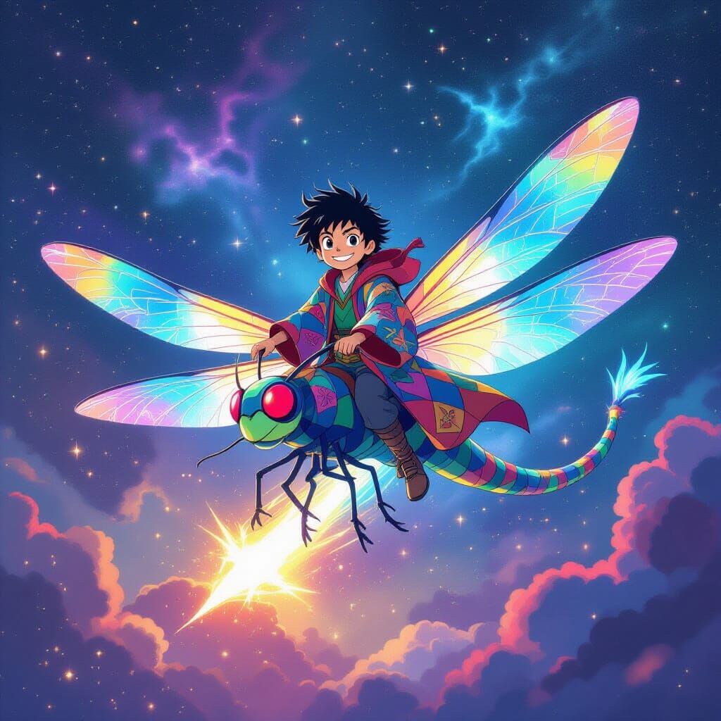 Young Wizard Rides Bioluminescent Dragonfly in Ghibli Style