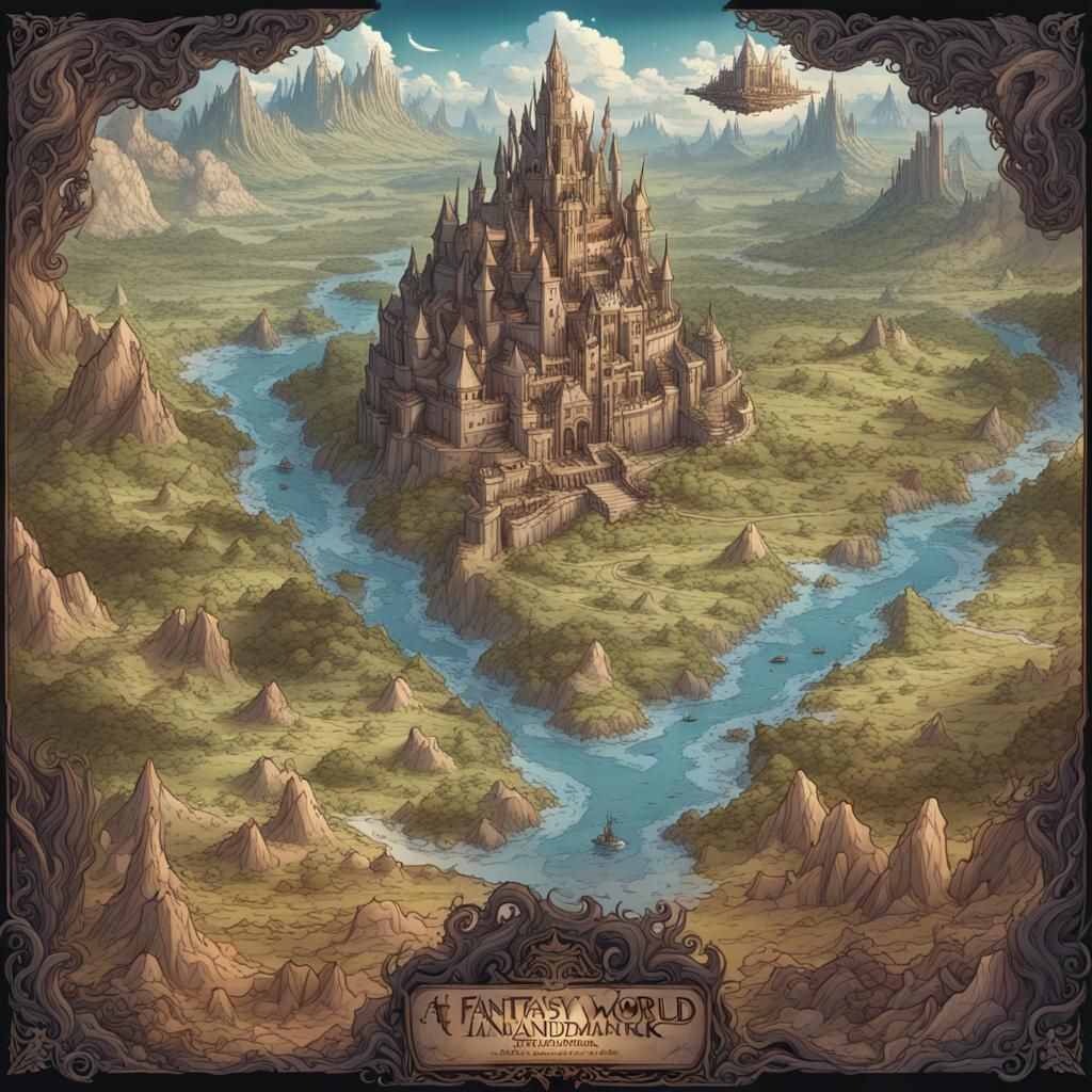 Fantasy World Map Illustration in Comic Book Style