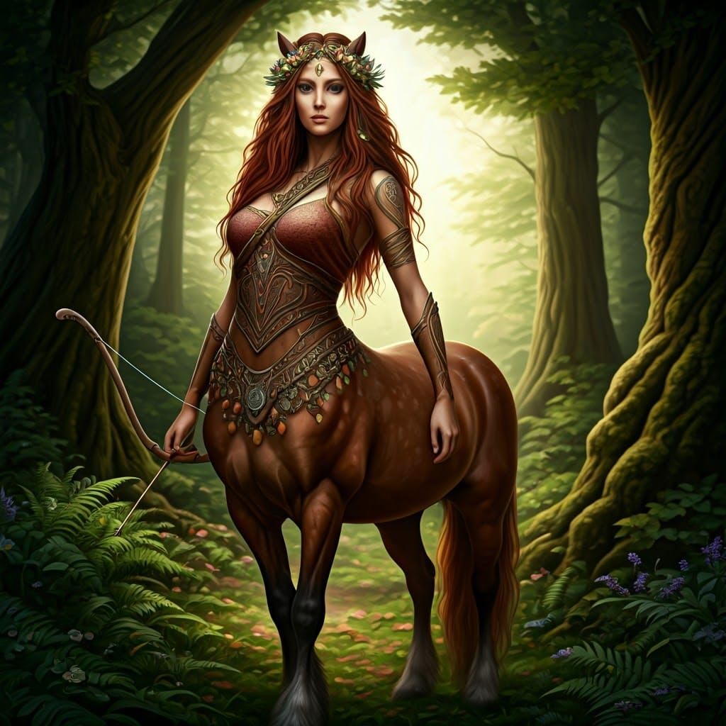 A regal, female Centaur, draped in an intricately patterned, earth-toned tunic with interlocking acorns and vines, woven...