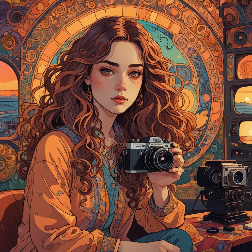Sunset Camera in Psychedelic Art Nouveau Style