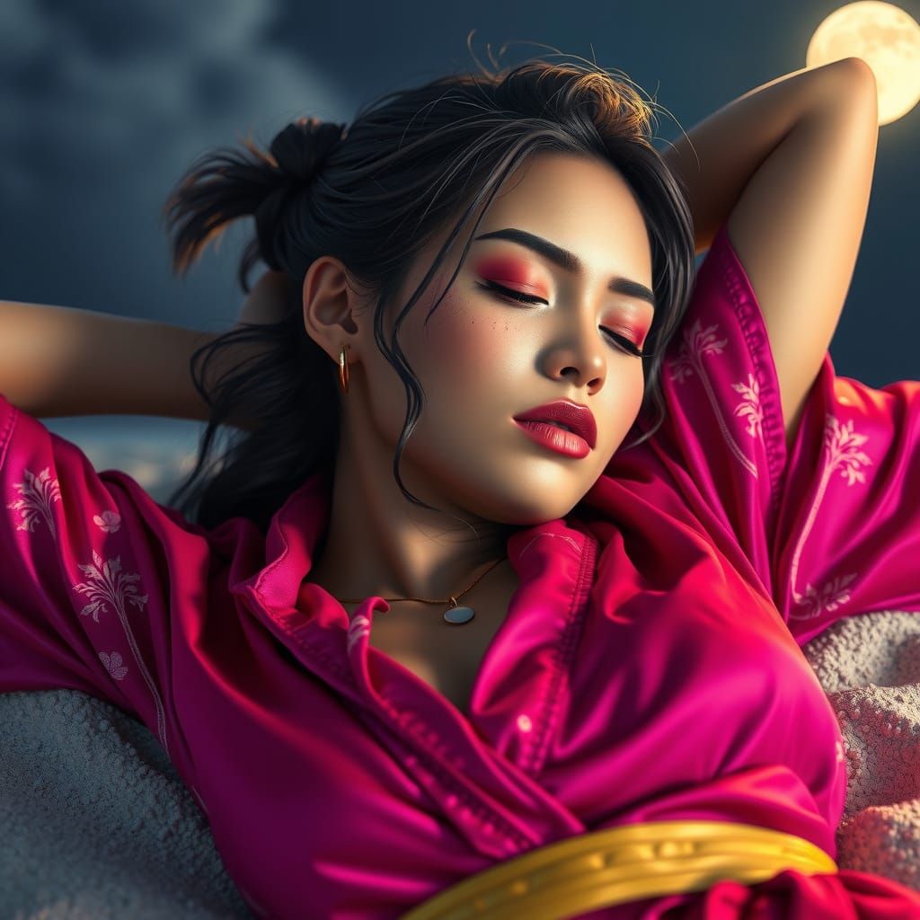 Sleepy Island Woman in Magenta Kimono on Beach