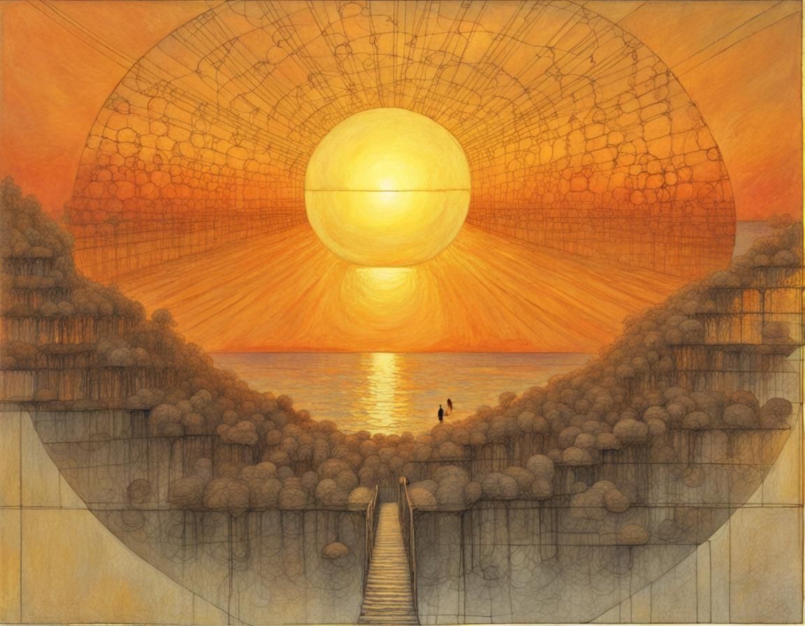 Surreal Sunset Landscape in Beksinski Klimt Style