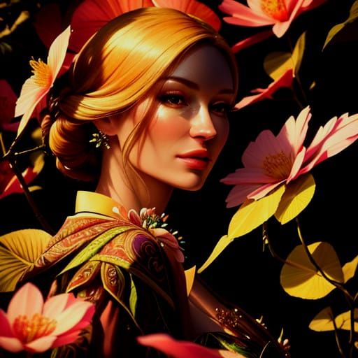 Beautiful Woman in Vibrant Floral Wonderland